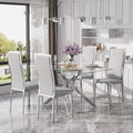 Modern Glass Dining Table Set for 4, 5-Piece Rectangular Kitchen Table Set with Silver Sturdy Metal Legs&4 Grey Faux Leather Dining Chairs for Home Dining Room Kitchen
