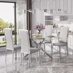 Modern Glass Dining Table Set for 4, 5-Piece Rectangular Kitchen Table Set with Silver Sturdy Metal Legs&4 Grey Faux Leather Dining Chairs for Home Dining Room Kitchen