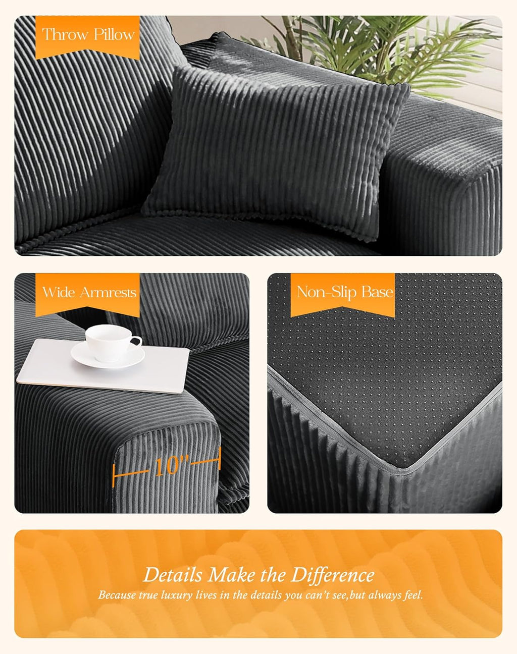 107" Boneless Comfortable Couch with Chaise, L Shaped Modular Sectional Couches for Living Room, Grey Corduroy Sofas with Ottoman, Compressed Sofa in a Box, No Assembly Required
