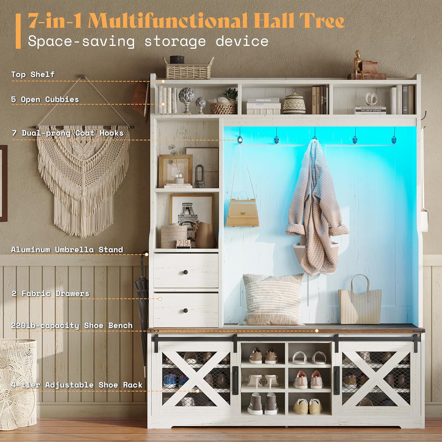 AMERLIFE 75" 7-in-1 Farmhouse Hall Tree with Bench and shoe storage, LED Entryway Bench with Coat Rack, 12 Shoe Cubbies, 2 Drawers, Barn Doors & Adjustable Shelf, Mudroom Hallway Cabinet, Rustic White