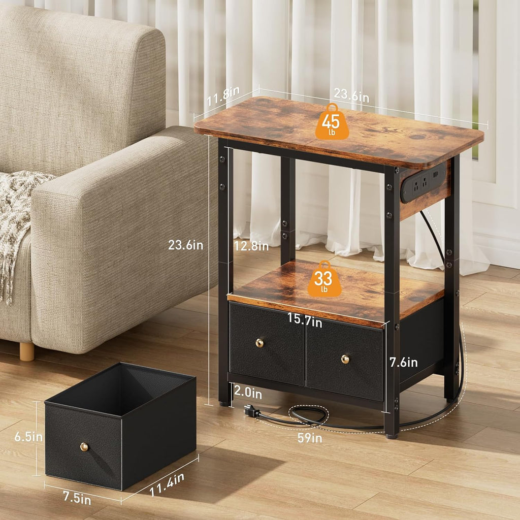 HLDIRECT 24" W End Table with Charging Station & USB Ports (Rustic Brown) | 2 Fabric Drawers & Storage Shelf ,Max Load 45 lbs, FSC-Certified MDF Wood, Metal Frame, Bedside Table for Small Space