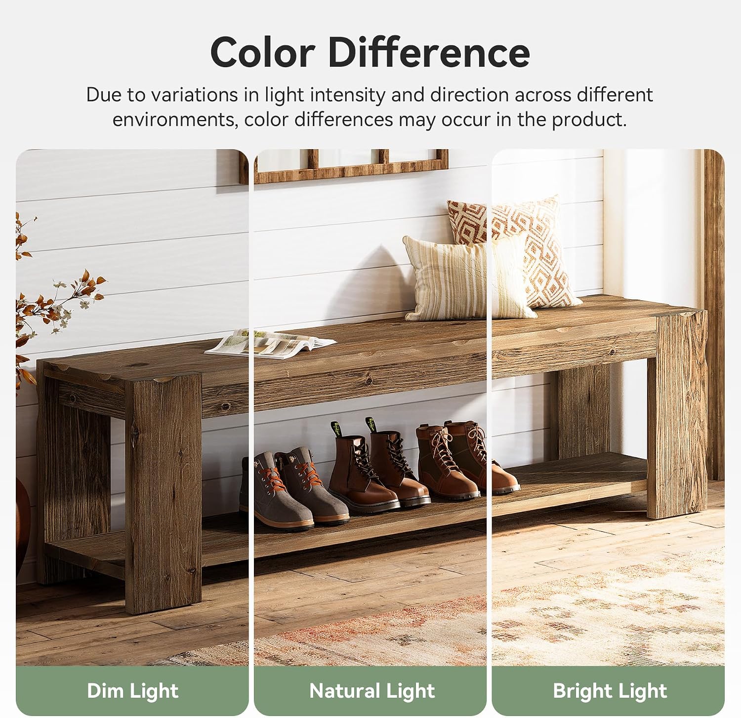 Solid Wood Entryway Bench with Storage Shelf, 55.12-Inch 2-Tier Wood Shoe Bench Seating for Entrance, Hallway, Dining Room, Living Room, Mudroom, Bedroom, Rustic Brown