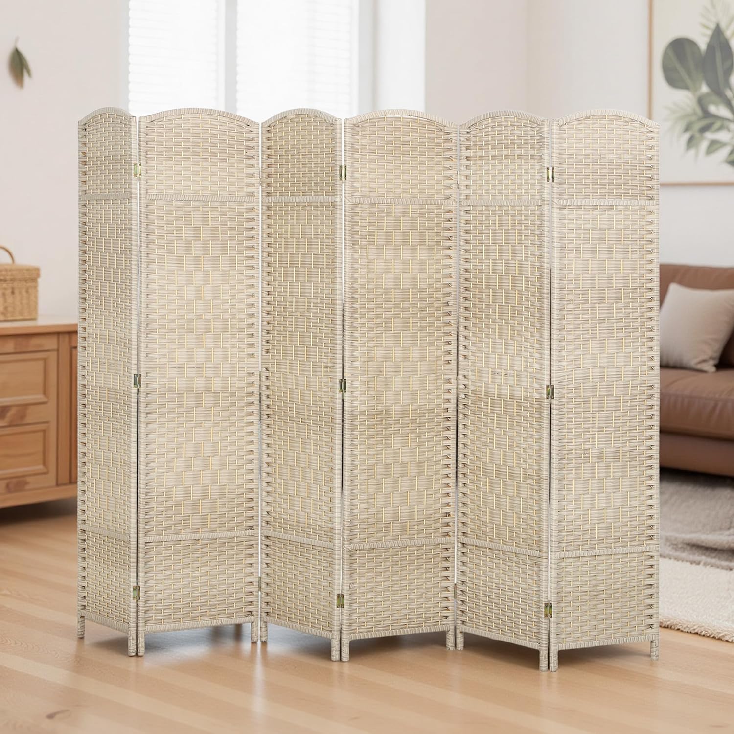 HOMCOM Room Divider, 6 Ft 6 Panel Folding Privacy Screen, Hand-Woven PP Wall Partition with Pine Wood Frame, Freestanding Room Separator for Bedroom, Home Office, No Assembly, Washed Oak