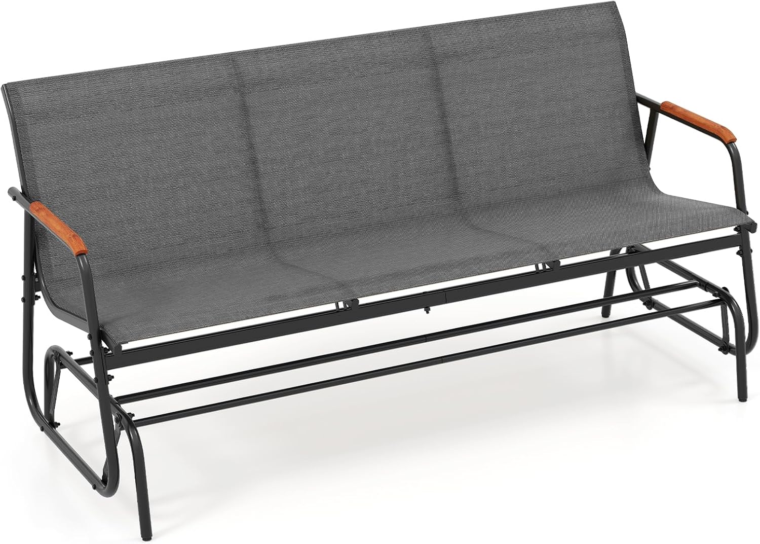 Tangkula 3-Person Outdoor Glider Bench, Patio Gliding Loveseat with Breathable Fabric Seat, Curved Teak Wood Armrests and Metal Frame, Swing Rocking Chair for Backyard (Grey, 3 Seat)