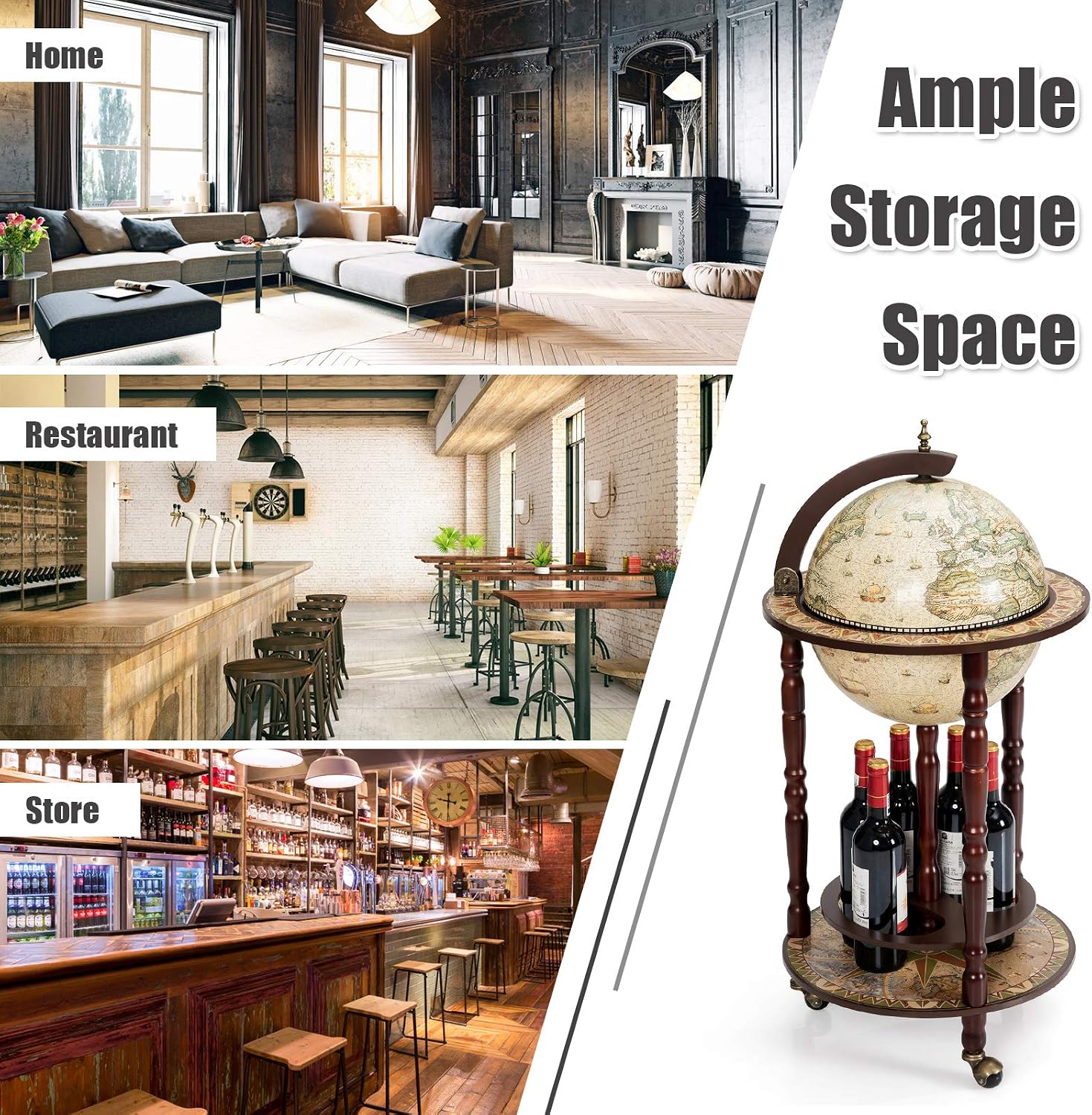 MEDIMALL Wood Globe Bar Liquor Cabinet, 16th Century Italian Replica Bar Stand for Liquor, Wine, Stemware, Vintage Alcohol Cart w/Liquor Shelves, Globe Bar Cart for Living Room, Dining Room