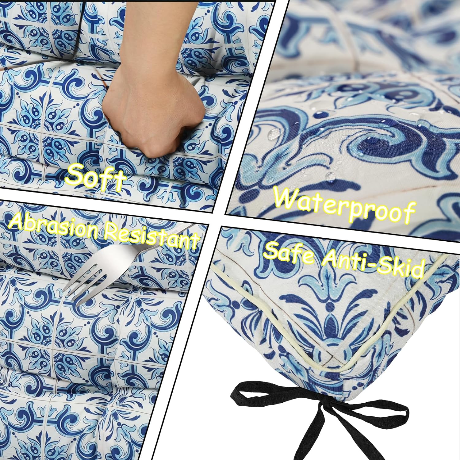 Porch Swing Cushion Three Seat, Waterproof Swing Cushions Replacement with Backrest, Outdoor Garden Furniture Patio 4" Thickened Cushions with Ties (Blue Print, 40 x 63in)