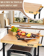 Foldable Kitchen Storage Cart with Solid Oak Top, Heavy-Duty Metal Frame, 3-Tier Rolling Utility Rack, Kitchen Island on Lockable Wheels for Microwave, Toaster Oven & Food Prep