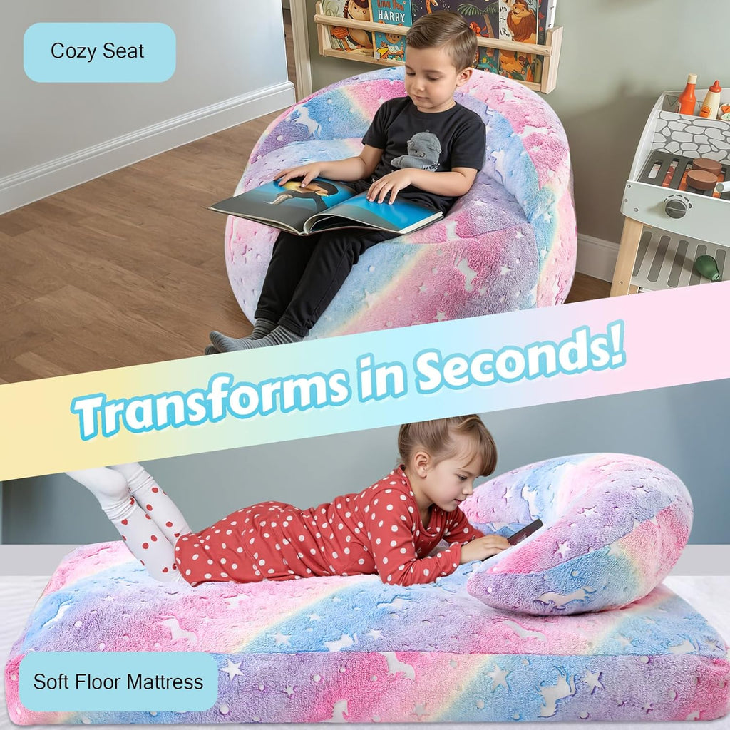 COMAX Bean Bag Chair for Kids, Unicorn Convertible Toddler Beanbag Bed, Children Bean Chair Stuffed to Floor Mattress with Filler, Colorful Rainbow