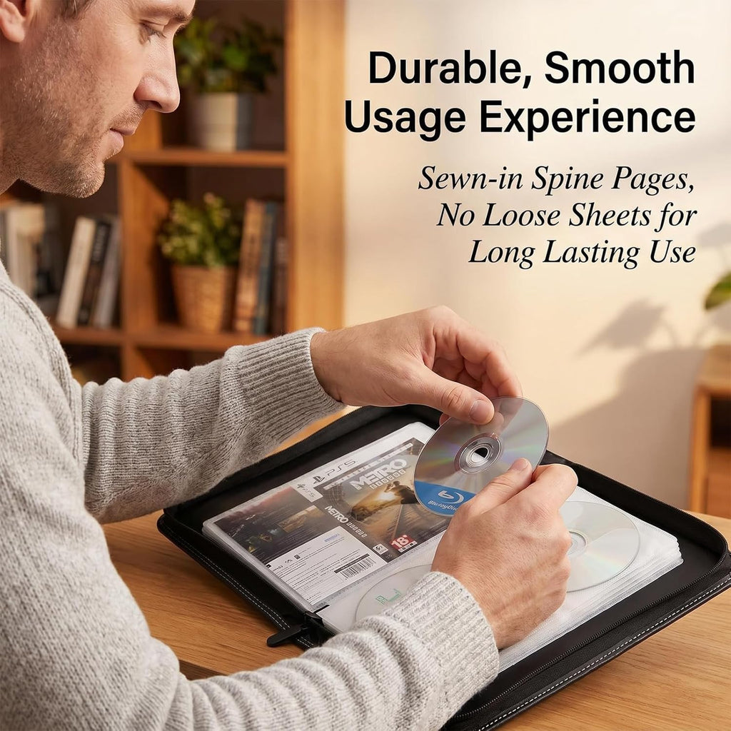 CD DVD Storage Binder, Holds 56 Discs and 28 Booklets with Tag Slots, PU Leather Wallet Organizer for Blu-ray Movies, Music, Video Games, Home and Car