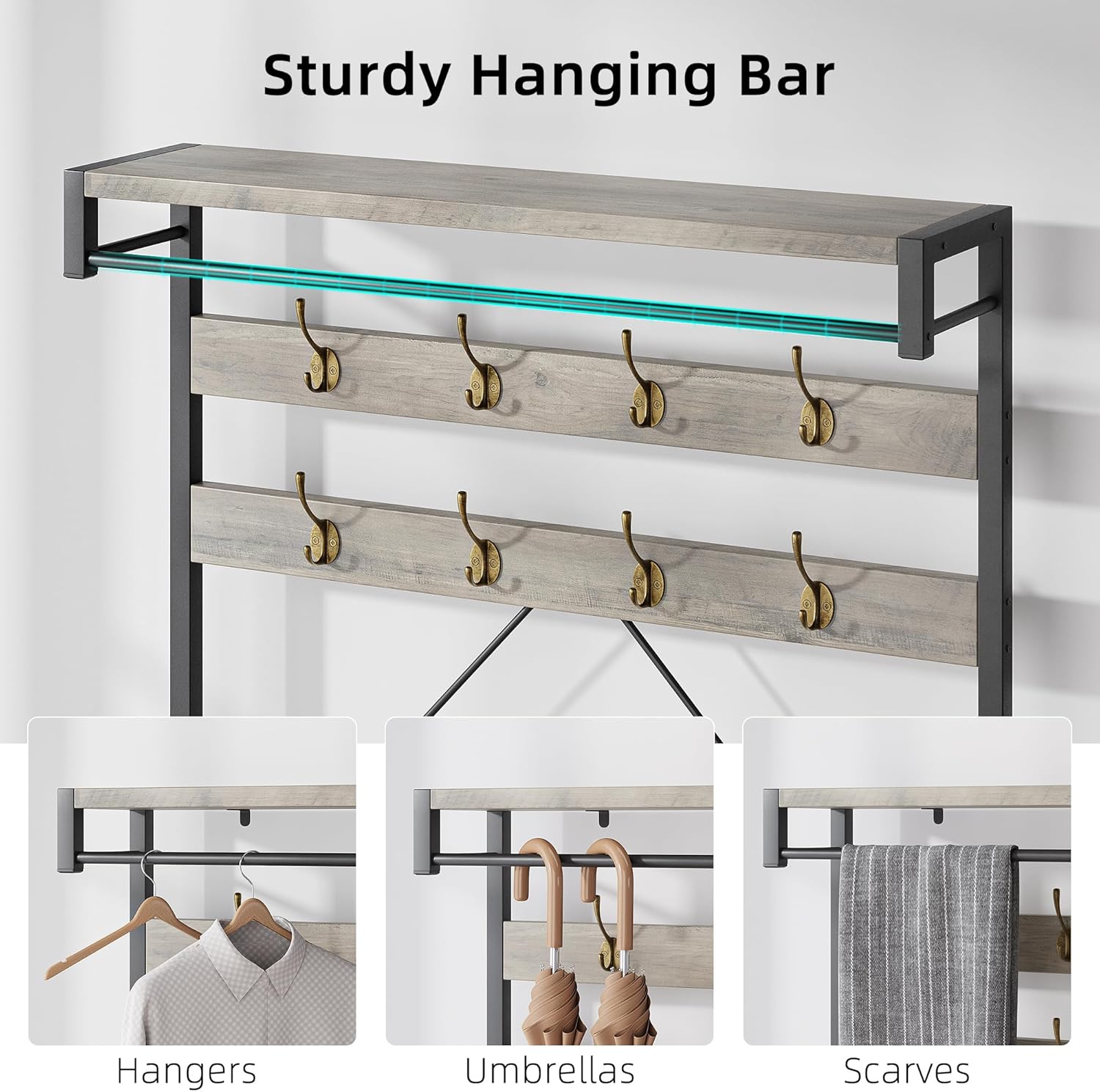 39.9" Industrial Hall Tree Coat Rack, with Bench & Shoe Storage, Entryway Organizer with 8 Sturdy Hooks & Hanging Bar, Large Shoe Rack with Storage Shelf, Steel Frame, Farmhouse Wood Look Accent, Grey