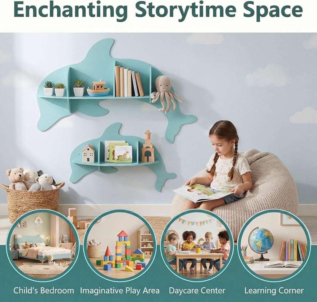 HONEY JOY Wall Mounted Kids Book Shelves Set of 2, Dolphin-Shaped Floating Book Shelves w/Compartments, Space-Saving Cute Bookcases, Wooden Display Storage Rack for Bedroom Nursery Kindergarten
