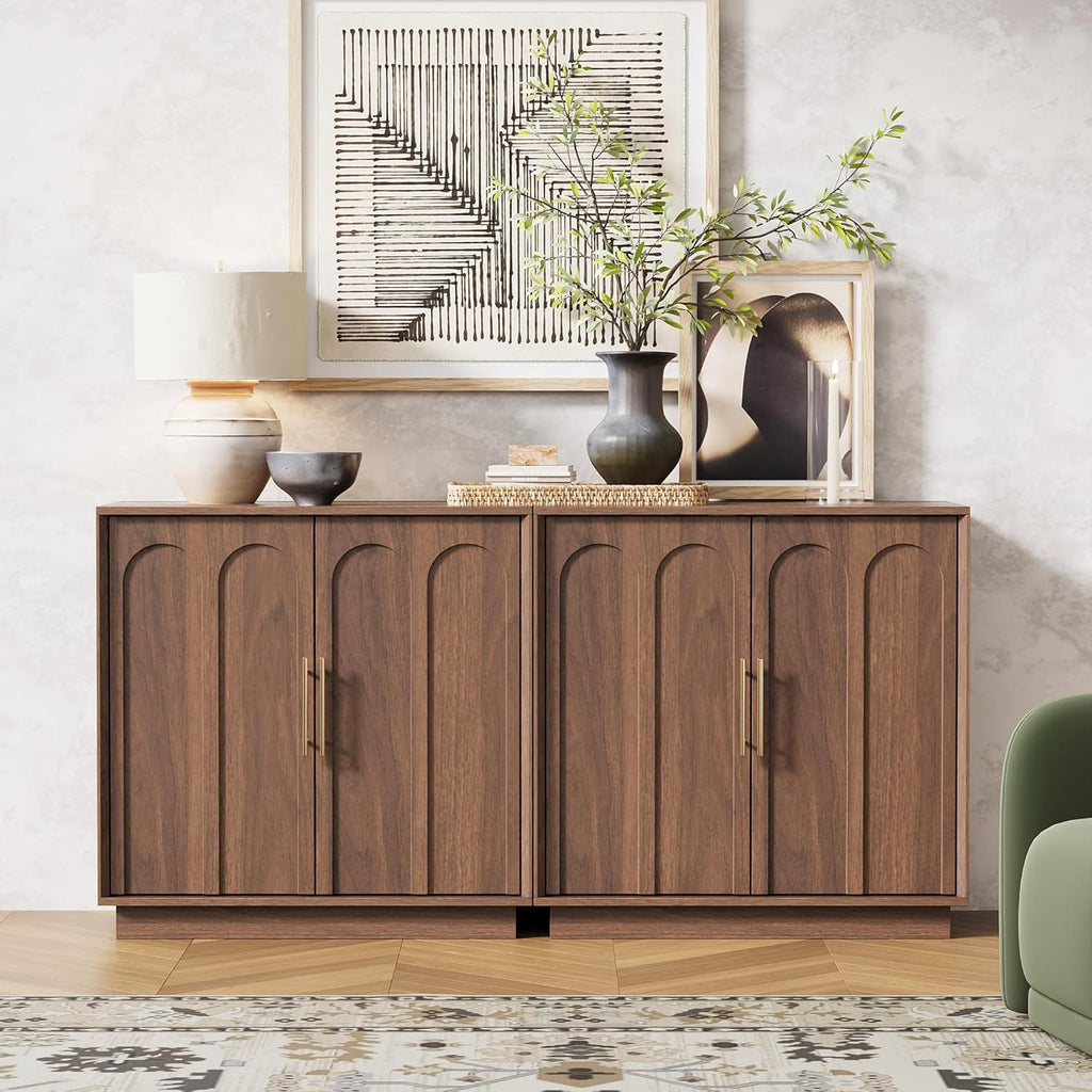FORTUNETEC Sideboard Buffet Cabinet with Storage, Mid Century Modern Accent Cabinet with Arched Doors, Modular Media Console, Minimalist Credenza for Living Room Kitchen Dining Room Entryway, Walnut