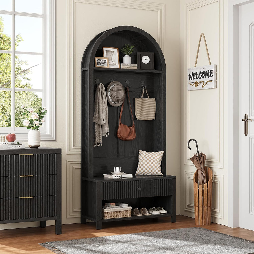 70.86-inch Entryway Hall Tree, Farmhouse-Style Wooden Coat Rack Freestanding, Entryway Organizer with Four Hooks, Standing Shoe Rack with Bench for Hallways, Foyers, and Living Rooms, Black