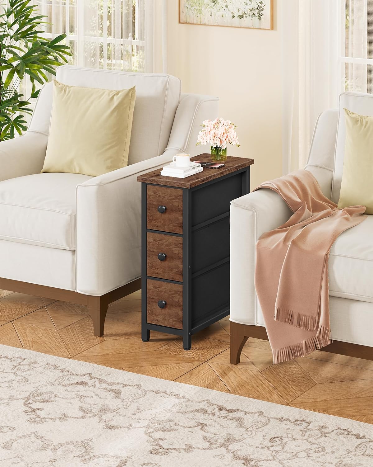 CHOEZON Small Nightstand and Narrow Side Table with Drawers Bundle, Skinny Bedside Table for Small Spaces, Slim Bedside Table for Bedroom, Living Room TBZ09BF-MBZ11WB