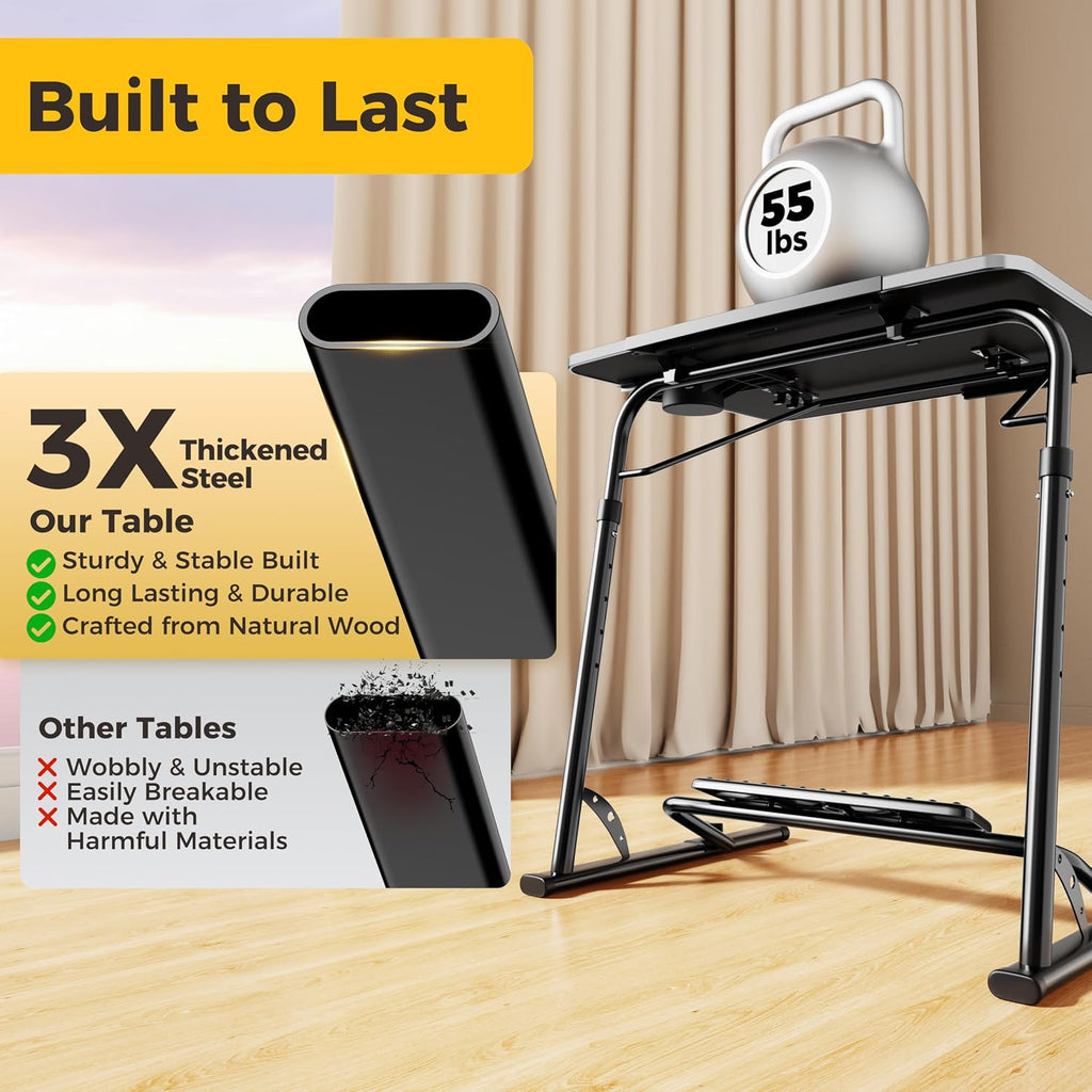 FoldWise Upgraded Folding TV Tray Table - Extra Large & Sturdy Laptop Table for Couch, Height & Angle Adjustable Desk for Dinner, Work & TV - Includes Footrest, Cup Holder, iPad Holder & Edge Stopper