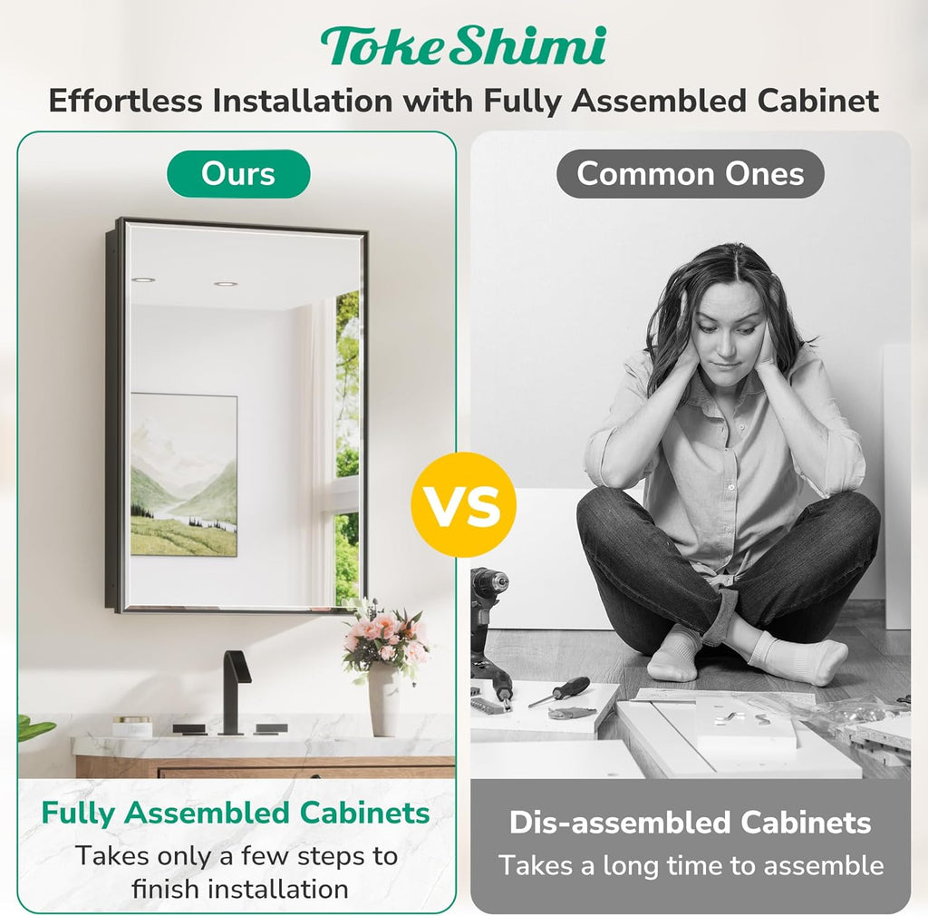 TokeShimi 16x24 Recessed Medicine Cabinet with Mirror Surface Mounted, Metal Beveled Mirror with Storage for Bathroom Vanity, Aluminum Black Medicine Cabinet Mirrored