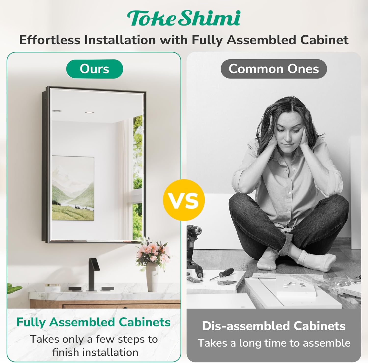 TokeShimi 16x24 Recessed Medicine Cabinet with Mirror Surface Mounted, Metal Beveled Mirror with Storage for Bathroom Vanity, Aluminum Black Medicine Cabinet Mirrored