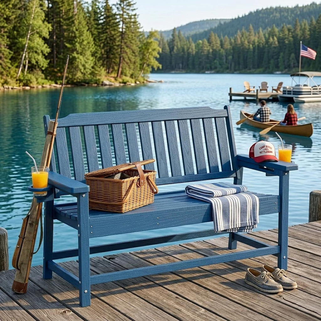 WACASA 48" Outdoor Bench, HDPE Weatherproof Porch Bench, 2-Person Garden Benches with 660 Lbs, Waterproof Patio Benches for Outside Balcony Deck Backyard, Blue