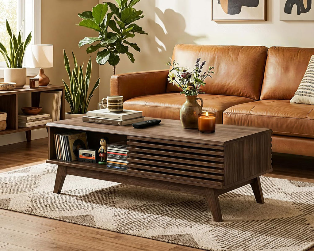 AODK Coffee Table with Storage, Mid Century Modern Wood Table with Dual Sliding Doors, Large Slatted Cocktail Table for Living Room, 47.2‘’ x 23.6'', Walnut