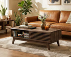 AODK Coffee Table with Storage, Mid Century Modern Wood Table with Dual Sliding Doors, Large Slatted Cocktail Table for Living Room, 47.2‘’ x 23.6'', Walnut