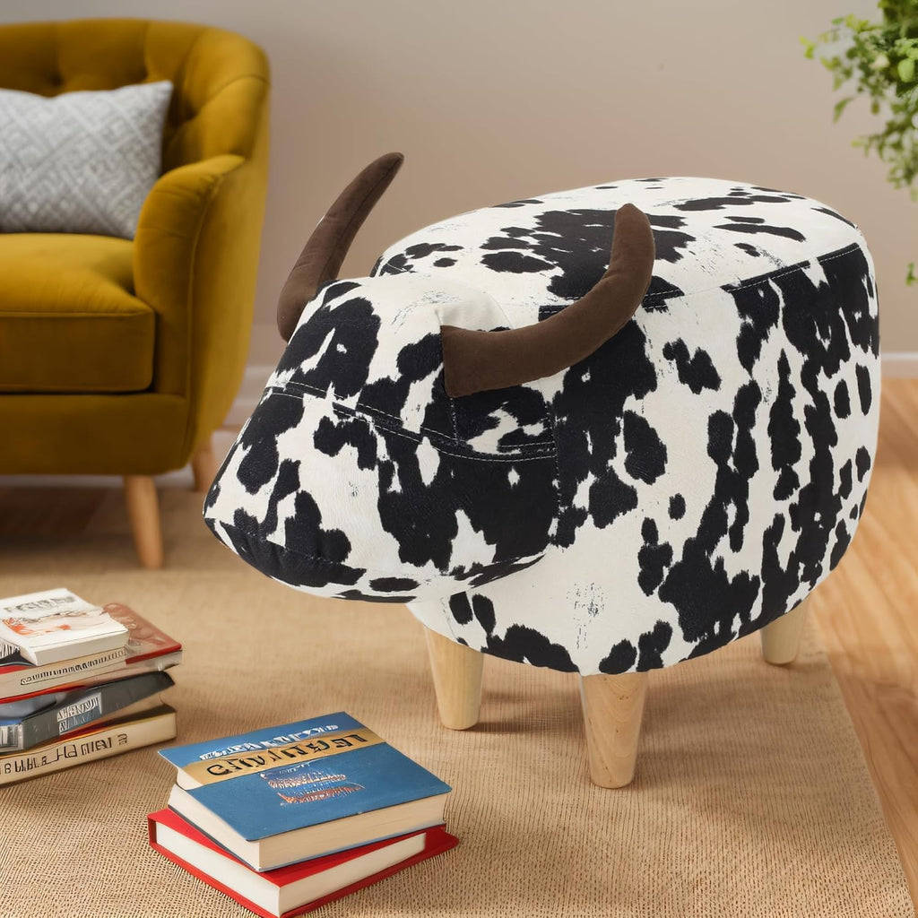 Black and White Velvet Cow Shaped Ottoman, Cute Wood Foot Stool Shoes Changing Seat with Cushioned for Adult Living Room, Bedroom, Nursery Gameroom, Playroom, Porch Furniture