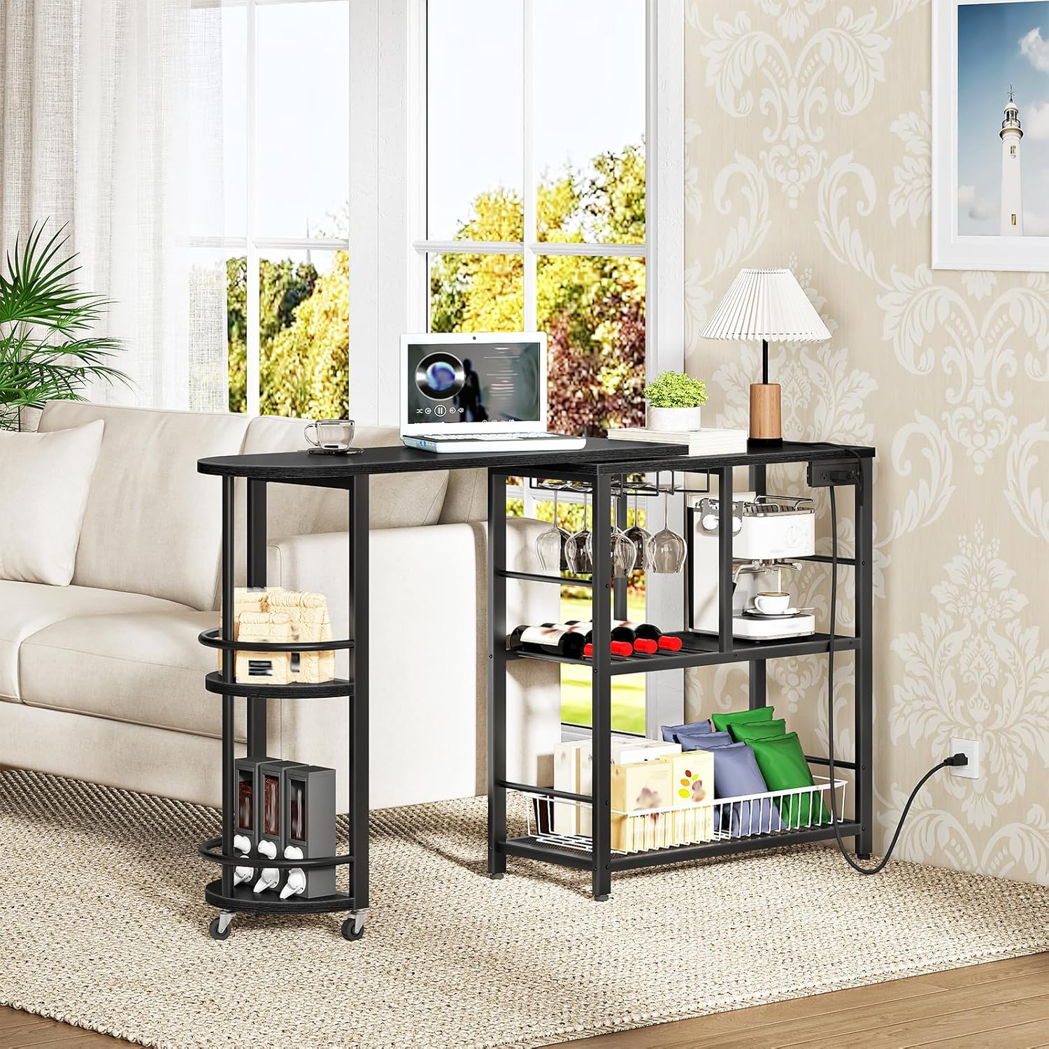 HOOBRO L-Shaped Bar Table, Home Bar Unit with Charging Station, 3-Tier Shelves with Wine Rack, 360° Extendable Bar Table on Wheels, Corner Mini Coffee Cabinet, for Pub, Kitchen, Black BB183UBT01