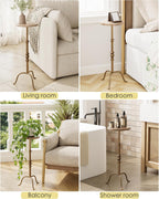 Adjustable Height Round Pedestal Table - 22-30 Inch, Modern Martini Cocktail End Table with Natural Travertine Top & Antique Brass Base for Small Spaces Living Room, Bedroom (Noche Travertine)