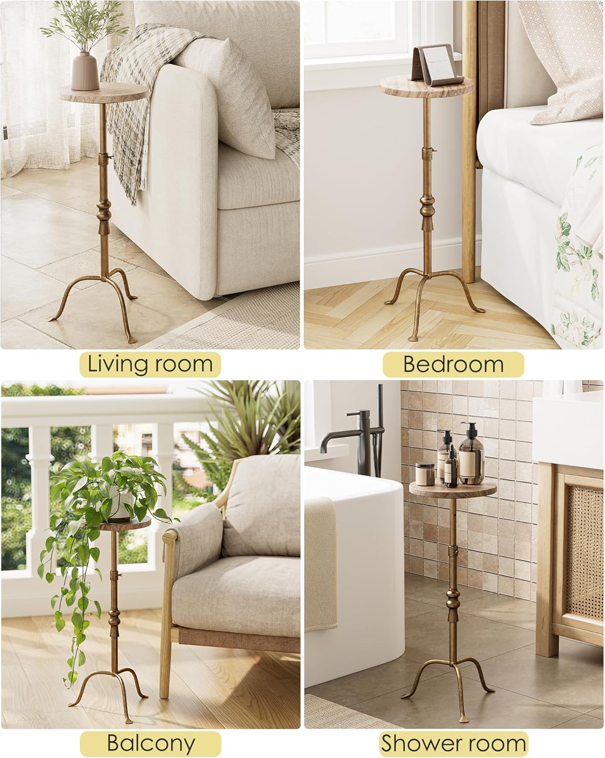 Adjustable Height Round Pedestal Table - 22-30 Inch, Modern Martini Cocktail End Table with Natural Travertine Top & Antique Brass Base for Small Spaces Living Room, Bedroom (Noche Travertine)