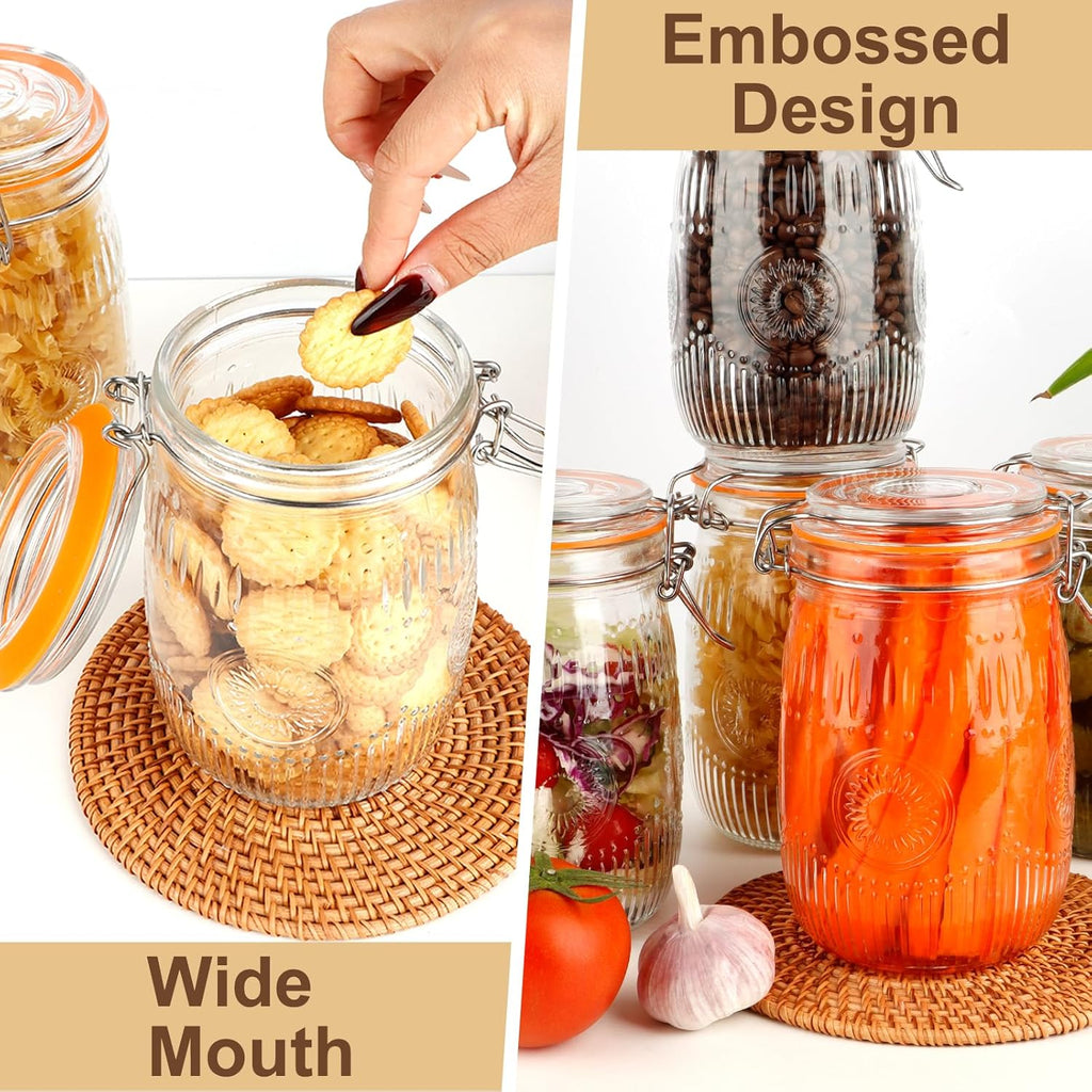 32oz Mason Jars with Airtight Lids, 6 Pack Wide Mouth Canning Jars with Clamp Lid, Quart Glass Canisters for Kitchen Storage, Pickling, Coffee, Cereal, Sugar, Flour, Beans