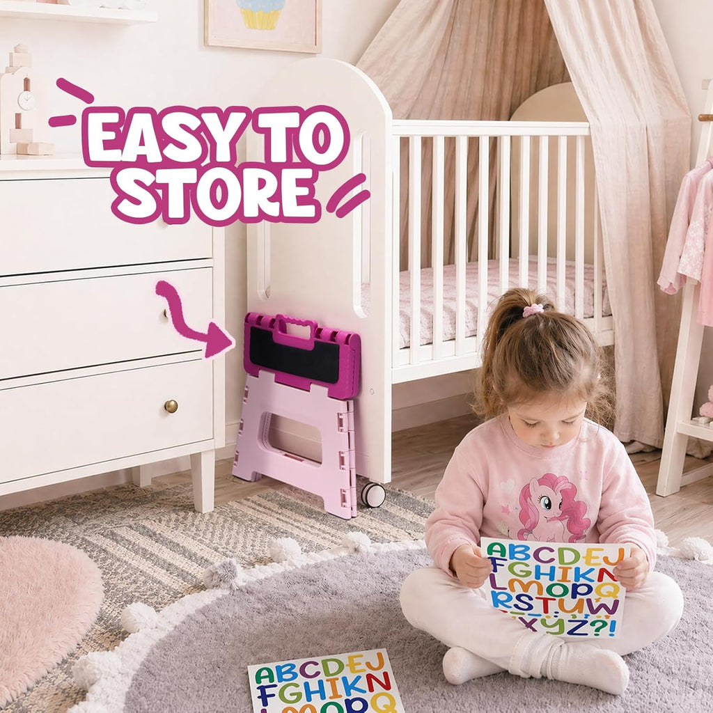 Delxo 9 Inch Folding Step Stool for Kids - Includes 3 Alphabet Letter Stickers & 2 Non-Slip Grip Pads, Sturdy Foldable Foot Stool for Toddlers, Kitchen, Bathroom & Bedroom (Pink)