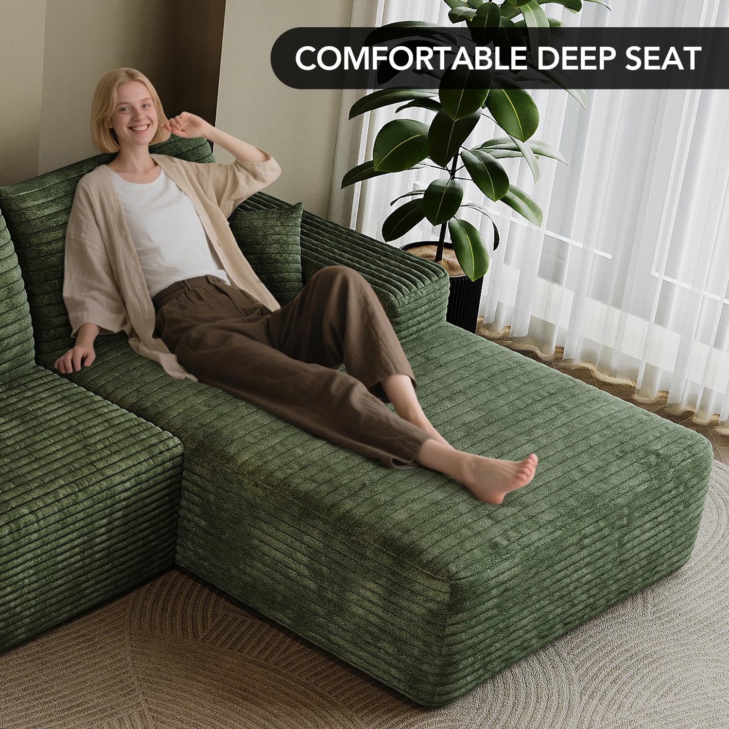 107.7" Boneless Sectional Couch Modern Modular U - Shape Corduroy Upholstered Sofa for Living Room - Deep Seat with Chaise and Ottoman(Green, 2 Seater+Right Facing Chaise+Ottoman)