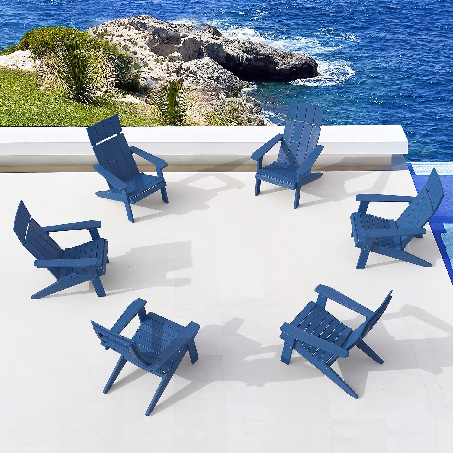 LUE BONA Modern Adirondack Chairs Set of 6, Navy Blue Plastic Adirondack Chair, High Back Poly Adirondack Fire Pit Chairs Weather Resistant, Patio Outdoor Chairs for Porch, Deck, Pool, Garden, 330LBS