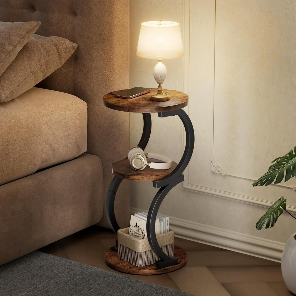 Small Side Table, 3-Tier Round End Table for Living Room, S-Shaped Accent Table for Small Spaces Sofa Couch Bedroom, Vintage Nightstand Wood Metal Coffee Table with Storage Shelf, Rustic Brown