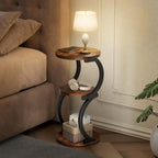 Small Side Table, 3-Tier Round End Table for Living Room, S-Shaped Accent Table for Small Spaces Sofa Couch Bedroom, Vintage Nightstand Wood Metal Coffee Table with Storage Shelf, Rustic Brown