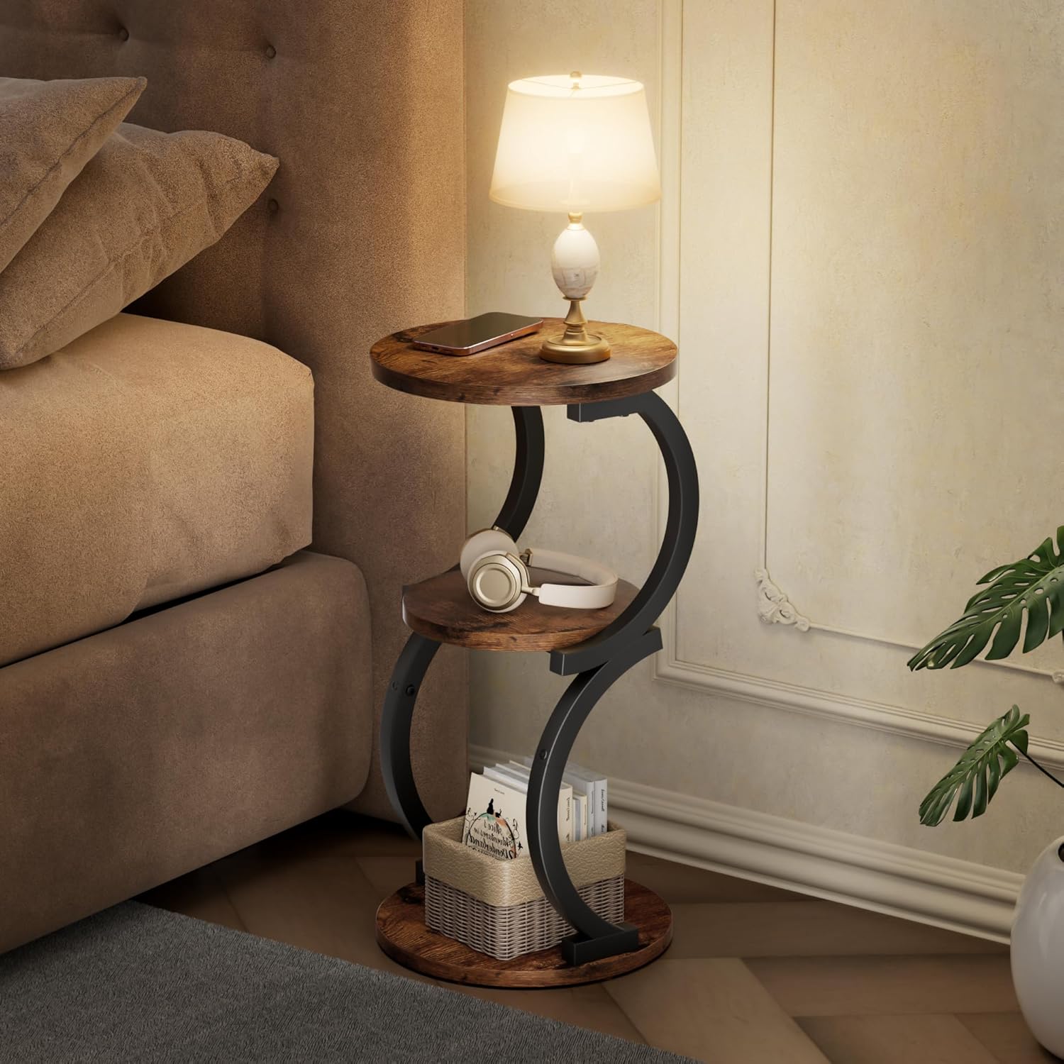 Small Side Table, 3-Tier Round End Table for Living Room, S-Shaped Accent Table for Small Spaces Sofa Couch Bedroom, Vintage Nightstand Wood Metal Coffee Table with Storage Shelf, Rustic Brown