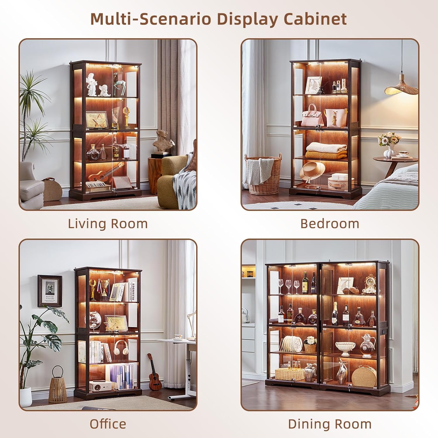LELELINKY Farmhouse Glass Display Cabinet with Doors, Wooden Curio Cabinet for Collectibles with 3-Color LED Motion-Sensor Light & Reinforced Base, Walnut