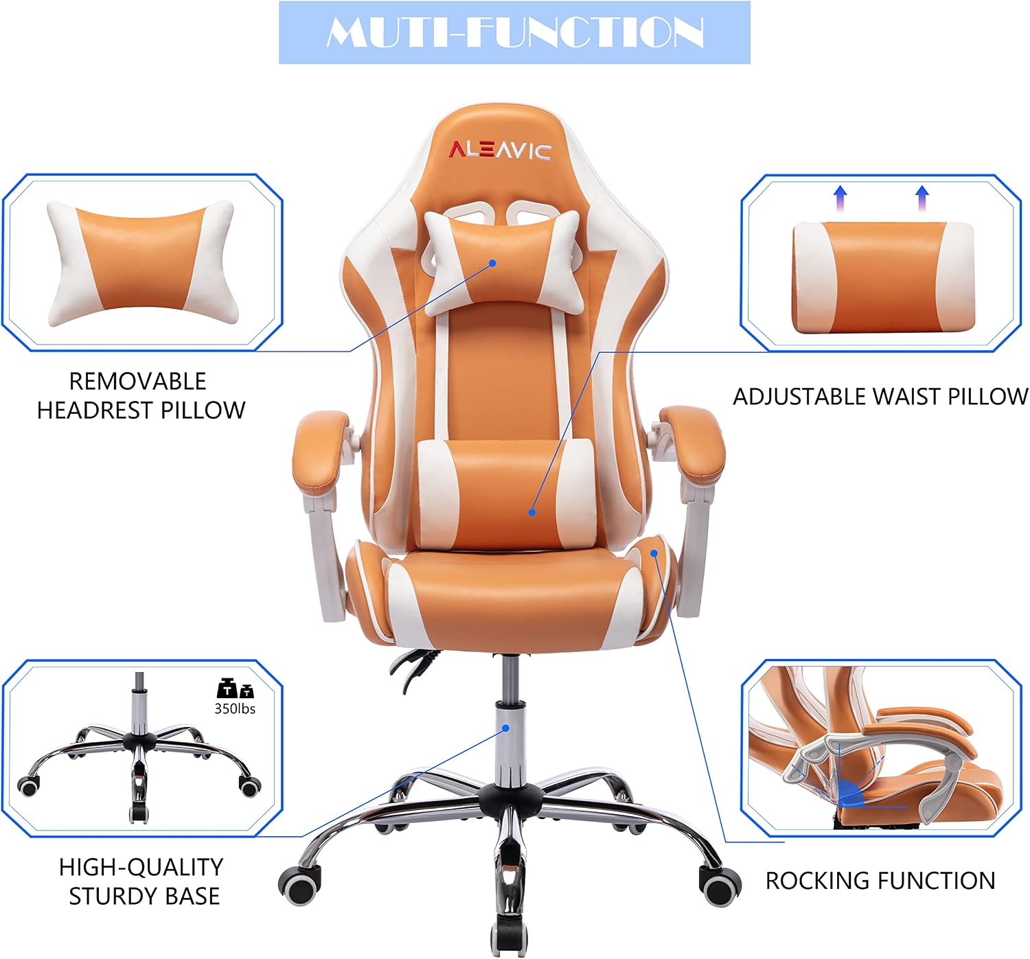 Gaming Chair for Adults, High Back Ergonomic Computer Gaming Chair with Headrest and Lumbar Support, Orange