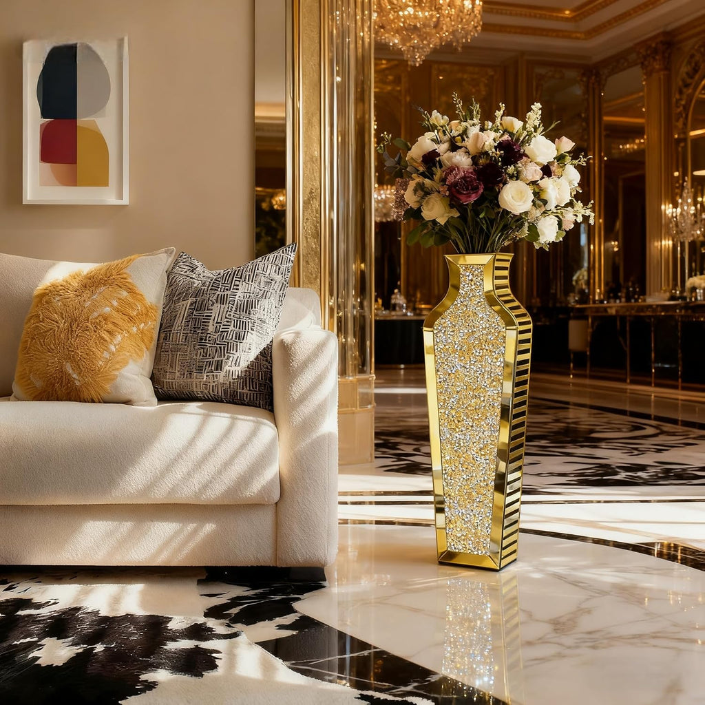 SHYFOY Gold Crushed Diamond Floor Vase, Large Mirrored Tall Vases for Floor, Modern Glass Decorative Vases for Living Room Bedroom Home Corner Indoor Office, 26.8" Tall