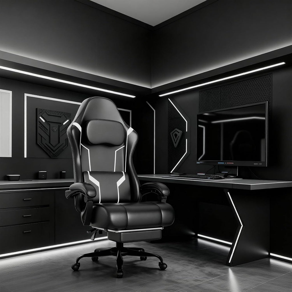 Ergonomic Gaming Chair, Video Game Chair with Pocket Spring Cushion and Footrest, Height Adjustable Computer Chair with Swivel Seat and Headrest (White)