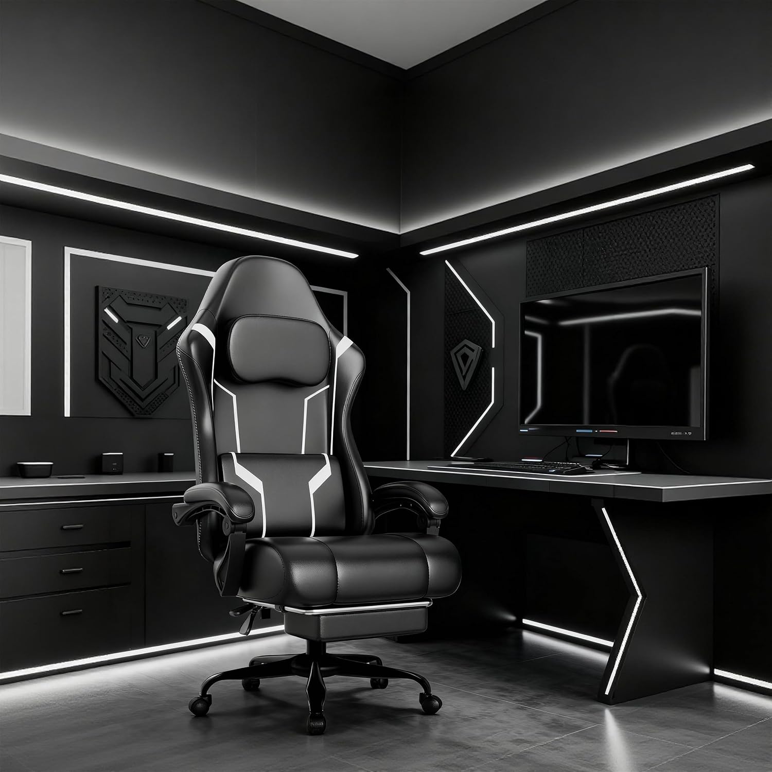 Ergonomic Gaming Chair, Video Game Chair with Pocket Spring Cushion and Footrest, Height Adjustable Computer Chair with Swivel Seat and Headrest (White)