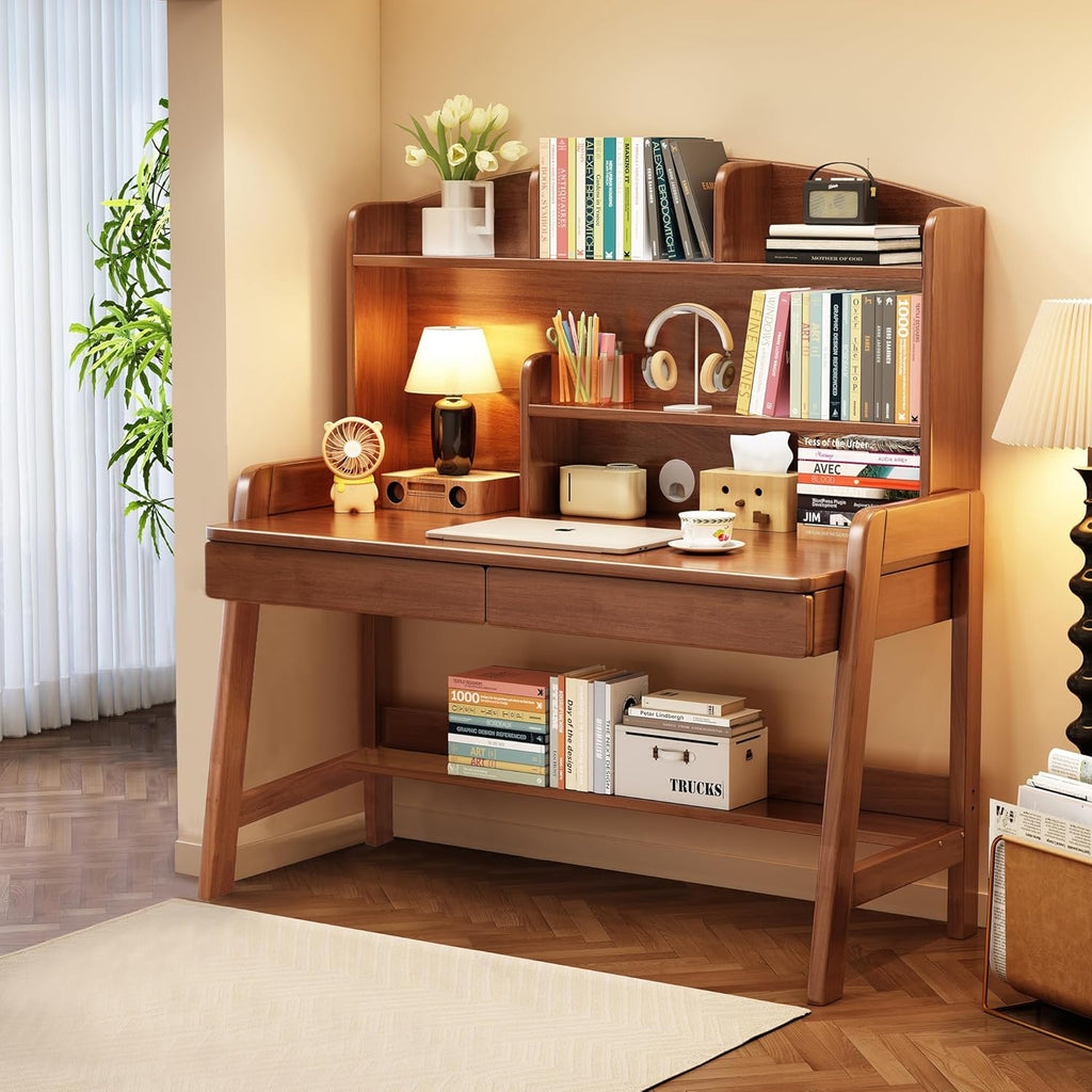 Kid's Desk Kid's Table with Drawers and Bookshelf Wooden Kid's Media Desk Student Learning Computer Workstation and Writing Desk （Brown）