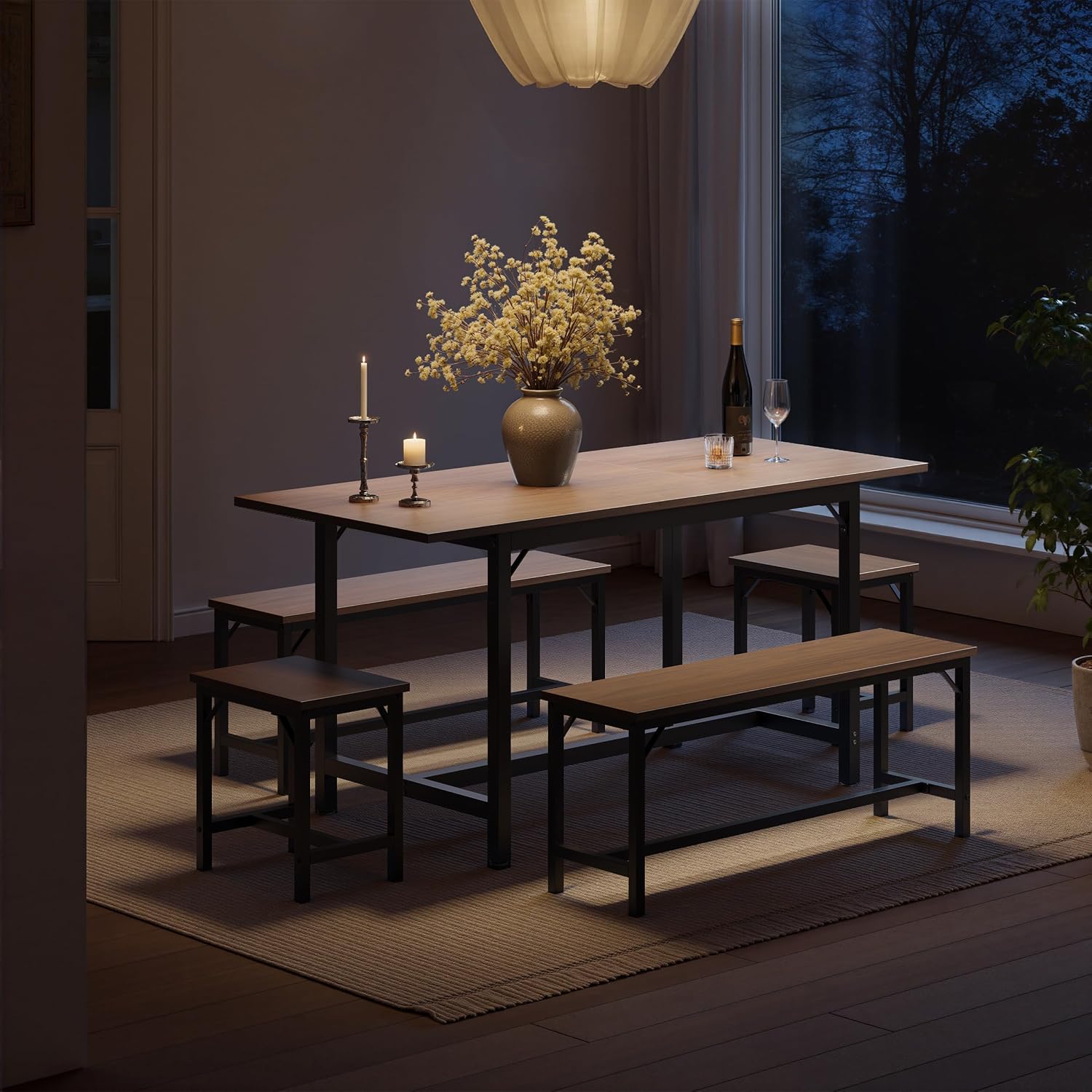 Tatub 5-Piece Dining Table Set for 4-8, 63" Extendable Dining Room Table with 2 Benches and 2 Square Stools, Space Saving Rectangle Kitchen Table Set for Breakfast Nook and Small Space, Walnut