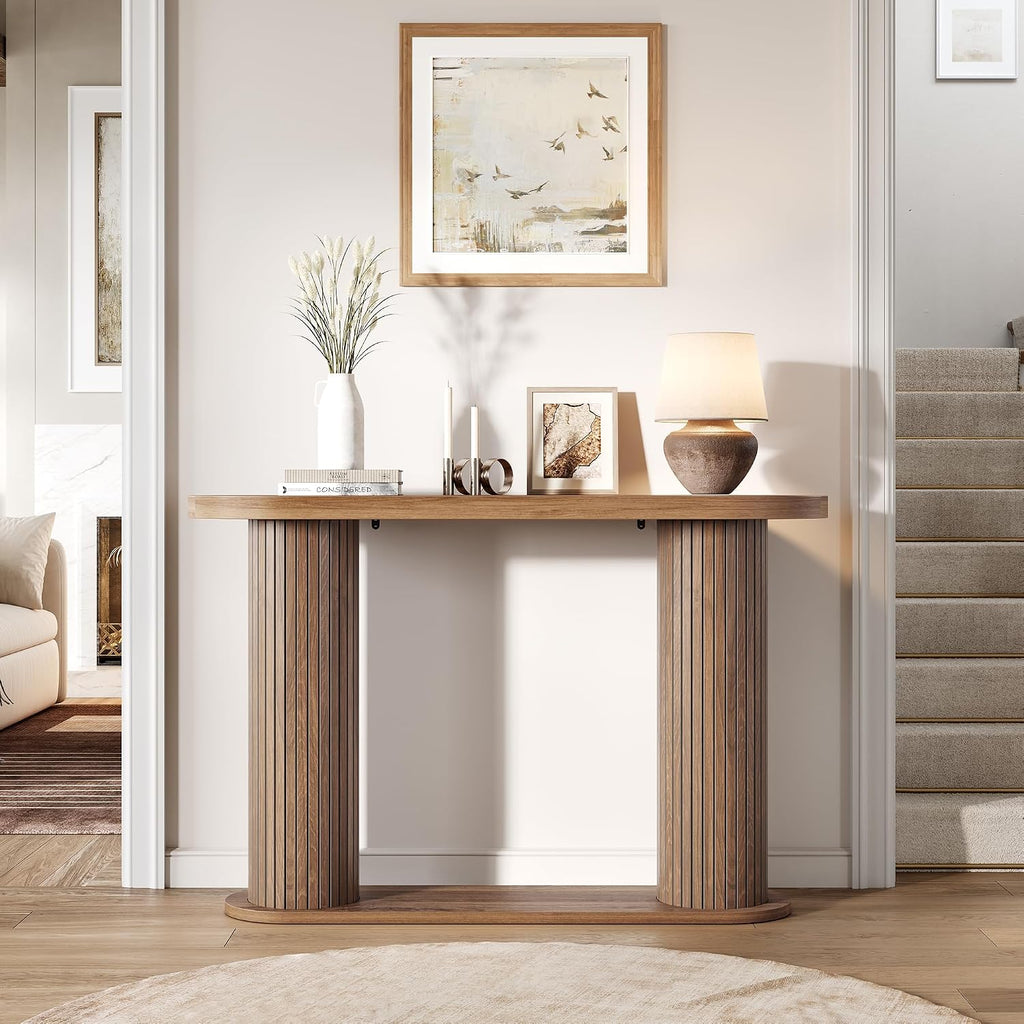 Garvee Fluted Console Table, 42.5 Inch Narrow Wood Entryway Table with Storage Shelf, Sofa Table Behind the Couch, for Hallway, Living Room, Foyer, Entrance, Walnut
