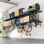 FLEXIMOUNTS 4-Pack 2x6ft Heavy Duty Garage Wall Shelving, 1200lbs Capacity, Garage Shelving Wall Mounted with 8 Hooks, Storage for Power Tools, Garden Supplies, Storage Bins, Lite Series