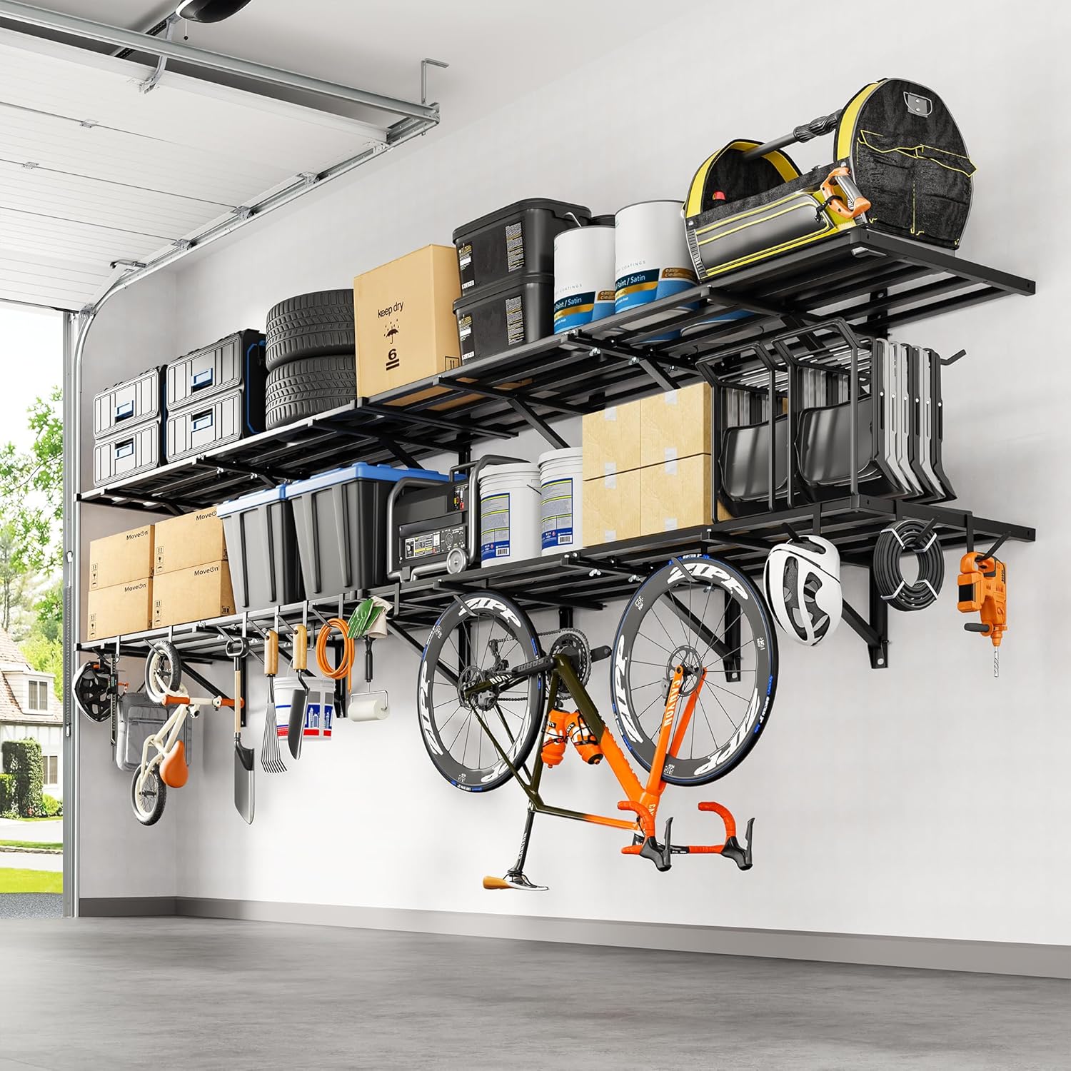 FLEXIMOUNTS 4-Pack 2x6ft Heavy Duty Garage Wall Shelving, 1200lbs Capacity, Garage Shelving Wall Mounted with 8 Hooks, Storage for Power Tools, Garden Supplies, Storage Bins, Lite Series