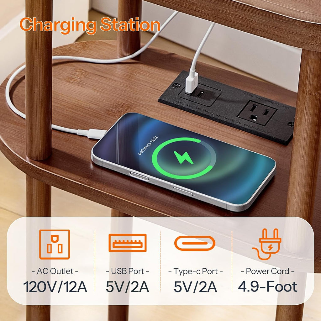 HOOBRO Small Narrow Side Table with Charging Station, 3-Tier Bamboo Narrow End Table, Slim Side Table for Small Spaces, Skinny Oval Nightstand for Living Room, Bedroom, Apartment, Mocha MA178UBZ01