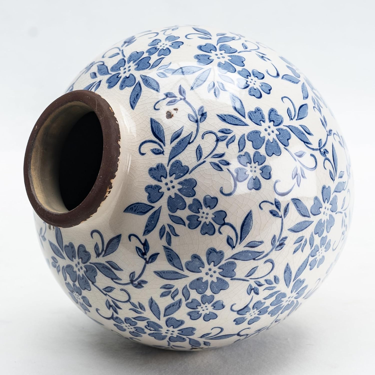 Blue and White Ceramic Vase 8”, Vintage Decorative Pottery Floral Vase for Hydrangeas, Crackle Glaze Chinoiserie Vase for French Country Rustic Farmhouse Coffee Table & Mantel Decor