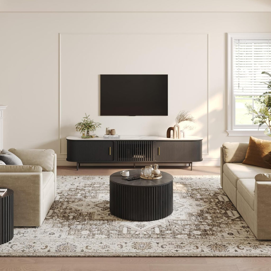 POVISON Fully-Assembled Sliding Tambour Door TV Stand, Mid Century Modern Sintered Stone TV Console, Wood Media Console for 85 Inch TV, Entertainment Center with Storage Cabinet(Black, 94.49")