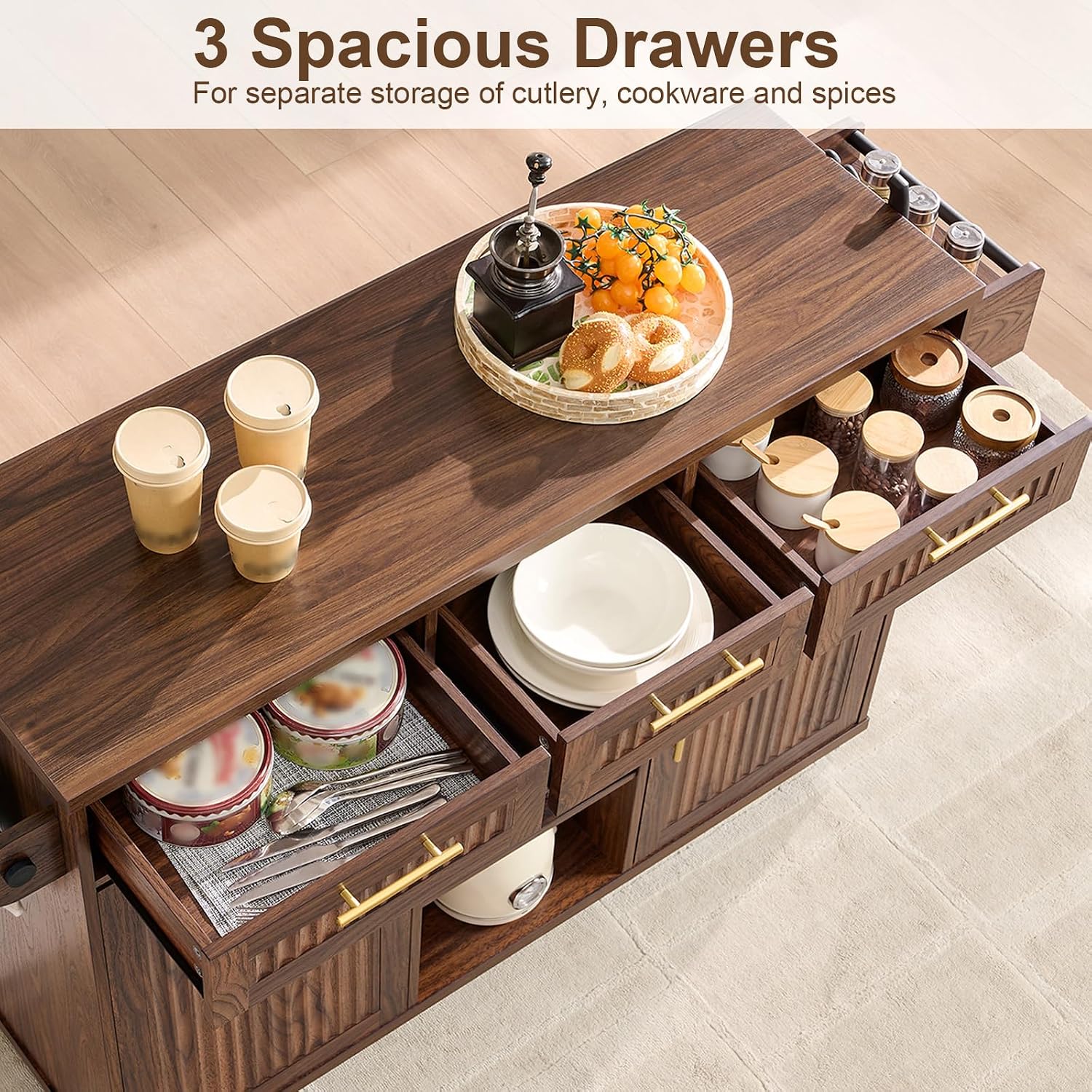 Okvnbjk 57" Rolling Kitchen Island with Storage & Drop Leaf, Walnut | Mobile Island with Trash Can Storage Cabinet, Power Outlet, Large Island Cart on Wheels with Spice & Towel Rack, Knife Holder