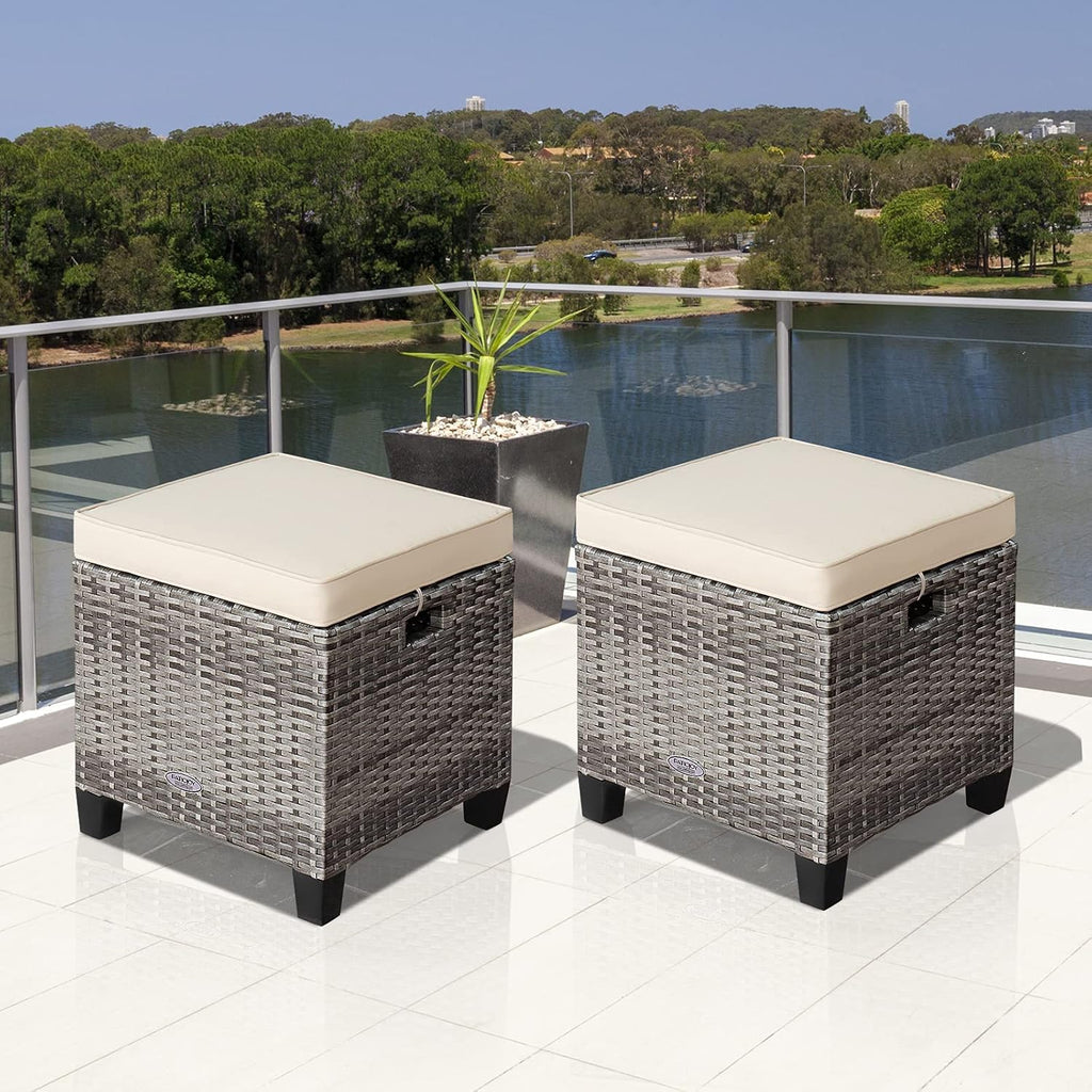 ORALNER Set of 2 Outdoor Ottoman, 16” Wicker Foot Stools, All-Weather Rattan Cube Footstool w/Removable Cushions, Square Footrest Extra Seating for Patio, Porch, Deck, Easy Assembly (Beige)